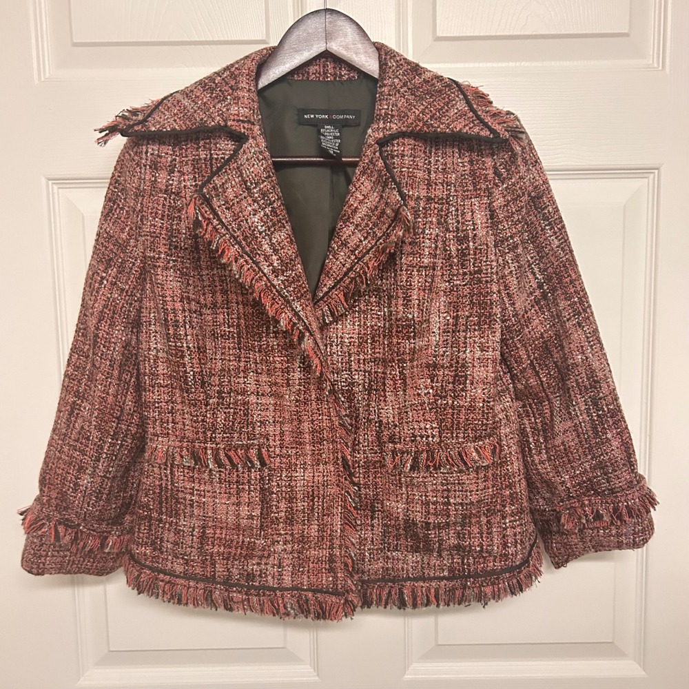 New York & Company Pink Brown Tweed Fringe Trim Blazer Jacket Womens Size 10